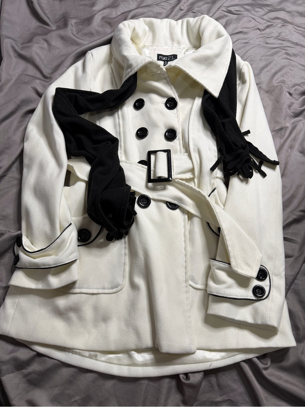 Rue21 White Pea Coat with Black Trim and Buttons